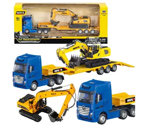 Truck with Trailer Tow Truck Metal Excavator Huina Yellow 1:50