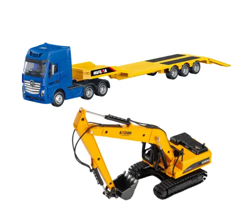 Truck with Trailer Tow Truck Metal Excavator Huina Yellow 1:50