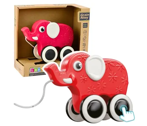 Elephant Pull Toy On A String Squeaker Eco Red