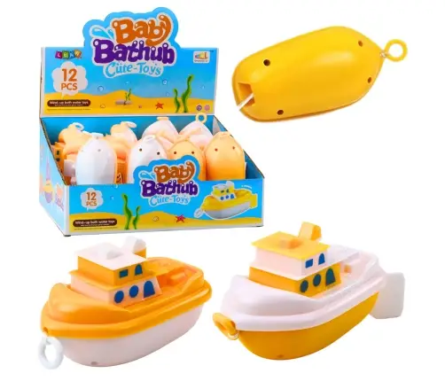 Bath Toy Pull-On Boat White Yellow Mix Bath Toy Pull-On Boat White Yellow Mix