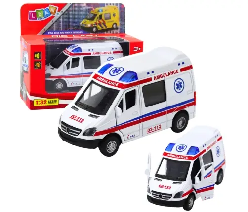 Ambulance Metal Pull Back Motorized Lights Sounds White 1:32