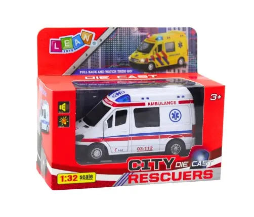 Ambulance Metal Pull Back Motorized Lights Sounds White 1:32