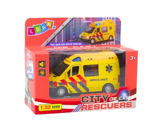 Ambulance Metal Pull Back Motorized Lights Sounds Yellow 1:32