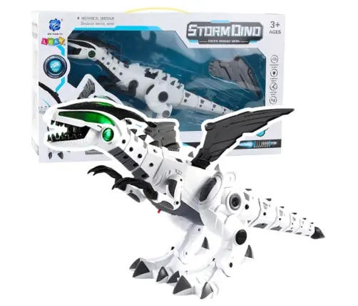 Battery Operated Dinosaur Robot with Movable Wings, Lights, Sound, White