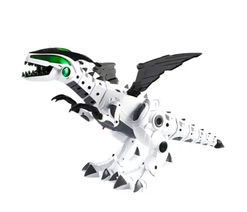 Battery Operated Dinosaur Robot with Movable Wings, Lights, Sound, White