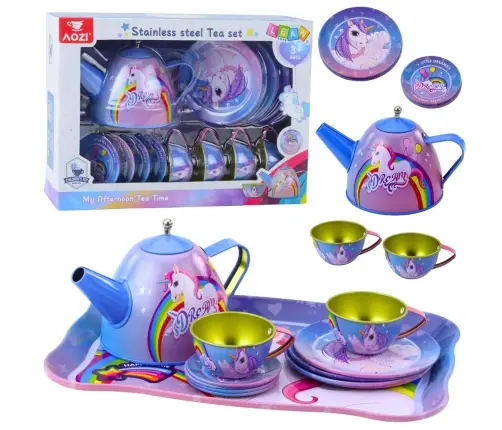 Children's Metal Tea Set with Cups, Teapot, and Tray Unicorn