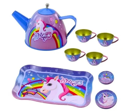 Children's Metal Tea Set with Cups, Teapot, and Tray Unicorn