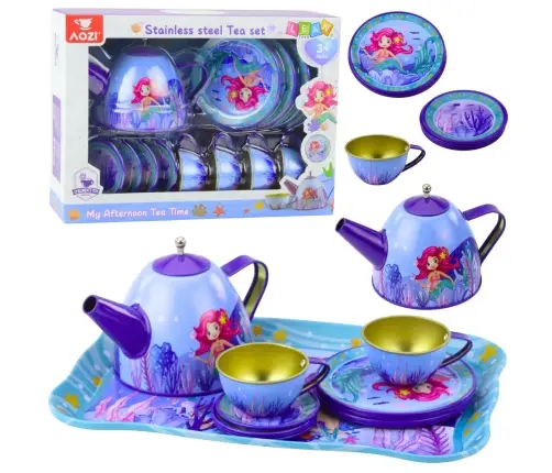 Children's Metal Tea Set with Cups, Kettle, and Tray Mermaid