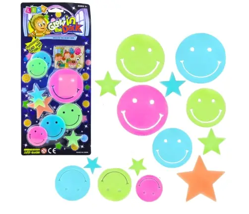 Fluorescent Luminous Wall Stickers Smiley Faces Stars Colorful 10 pcs.