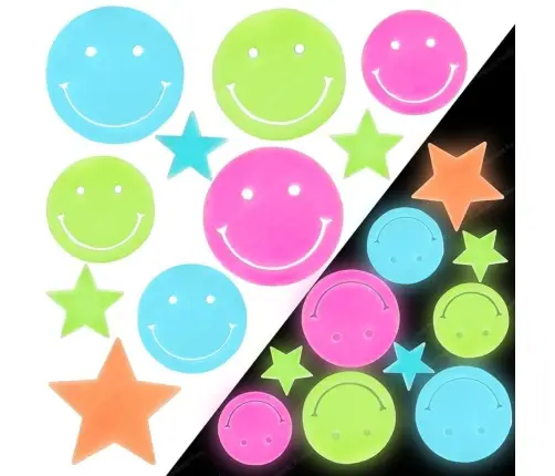 Fluorescent Luminous Wall Stickers Smiley Faces Stars Colorful 10 pcs.