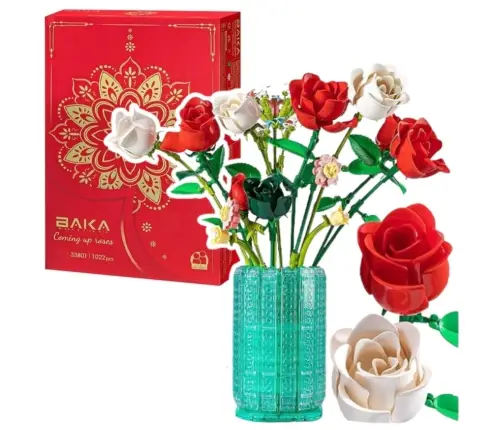 Construction Blocks Bouquet of Roses in a Vase White Red 1022 pcs.