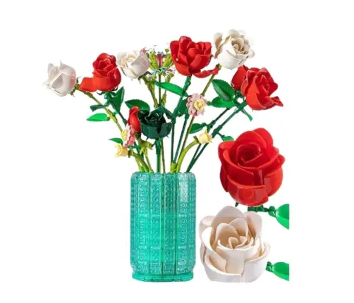 Construction Blocks Bouquet of Roses in a Vase White Red 1022 pcs.