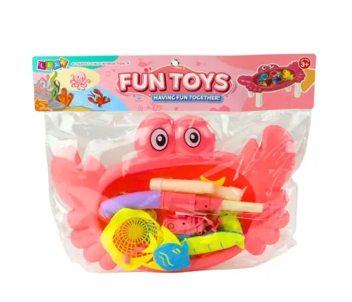 Fishing Set: Crab Table, 10 Fish, Fishing Rod, Strainer, Pink
