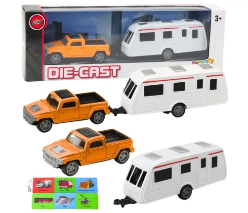 Set of Metal Car with Camper Trailer Orange