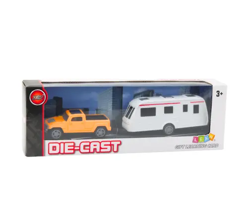 Set of Metal Car with Camper Trailer Orange