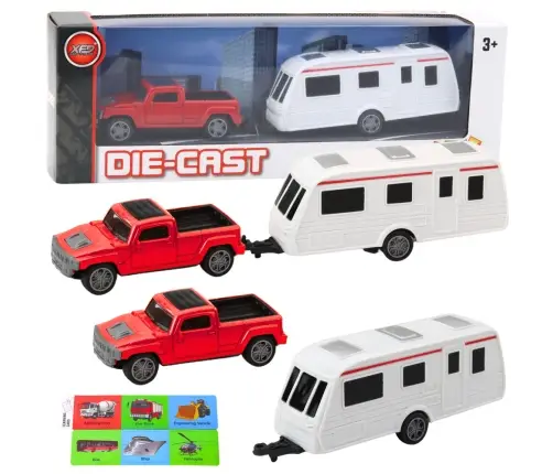 Set of Metal Car with Camper Trailer Red