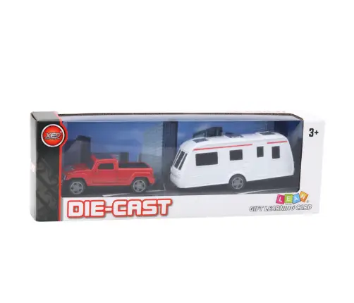 Set of Metal Car with Camper Trailer Red