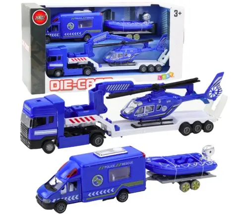 Police Rescue Car Boat Truck Helicopter Blue Set