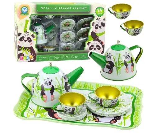 Tea Set Metal Jug Cup Plates Panda Green 14 pcs