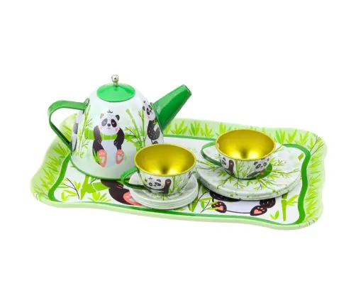 Tea Set Metal Jug Cup Plates Panda Green 14 pcs