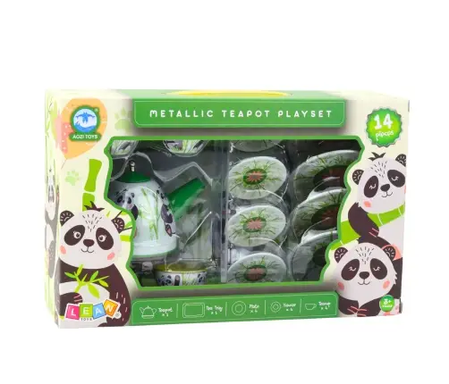 Tea Set Metal Jug Cup Plates Panda Green 14 pcs