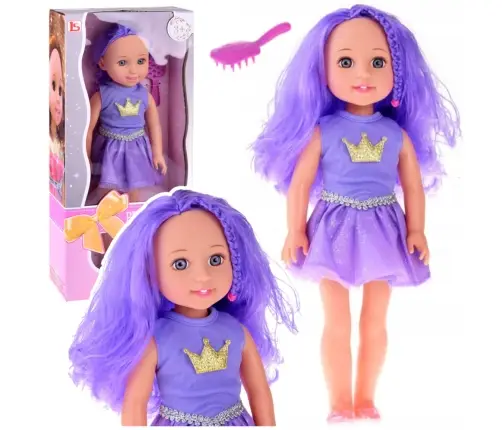 Doll in a Dress with a Crown Long Hair Purple Brush 38cm