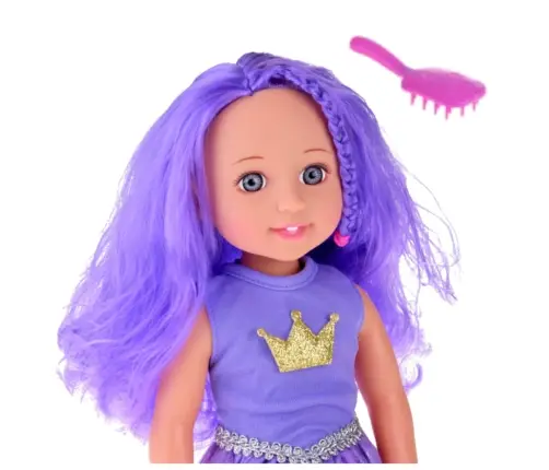 Doll in a Dress with a Crown Long Hair Purple Brush 38cm