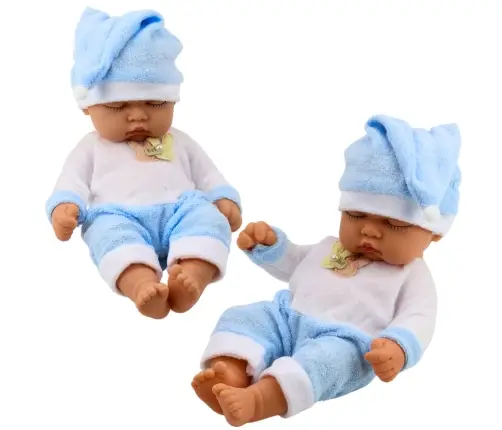 Sleeping Baby Doll in Blue Pajamas Hat with Pompom
