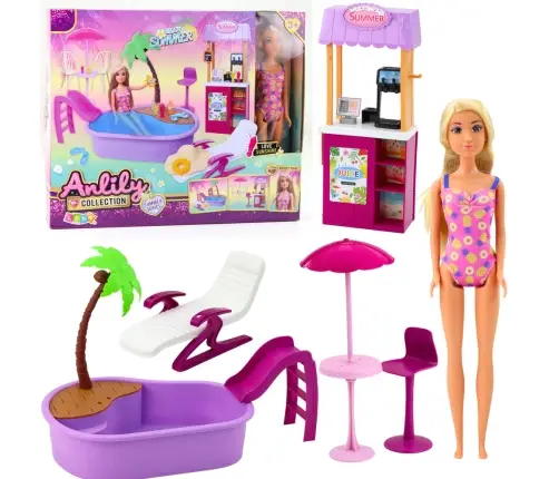 Anlily Doll Set on the Beach with Pool, Palm Tree, Drink Stand, and Accessories