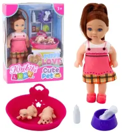 Mini Doll Set with Two Puppies, Bed, Bowl, Bottle