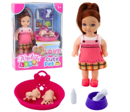 Mini Doll Set with Two Puppies, Bed, Bowl, Bottle