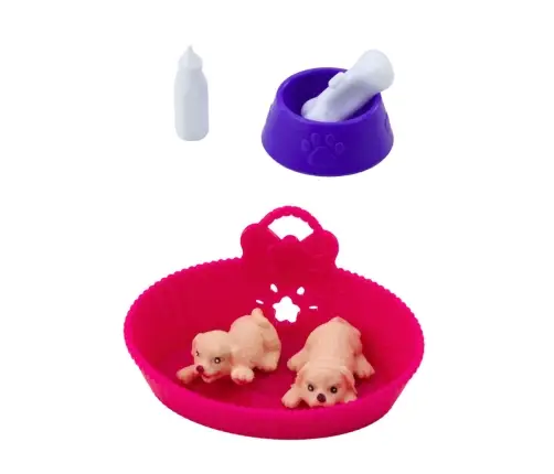 Mini Doll Set with Two Puppies, Bed, Bowl, Bottle