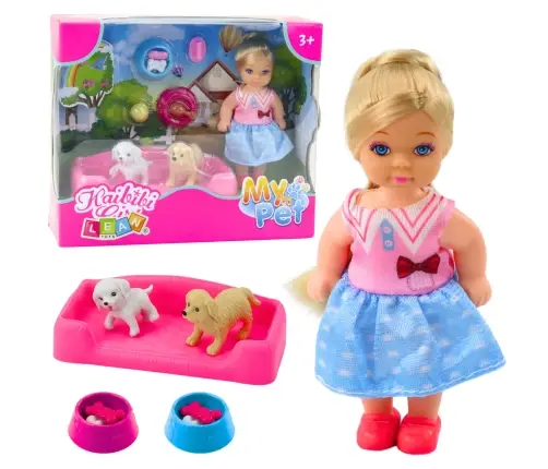 Mini Doll Set with Two Dogs, Bed, Food Bowl
