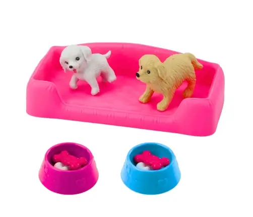 Mini Doll Set with Two Dogs, Bed, Food Bowl