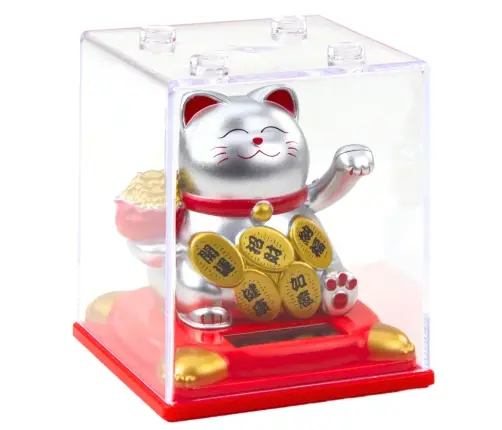 Chinese Lucky Cat In Display Case Solar Figurine Ornament Silver