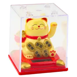 Chinese Lucky Cat In Display Case Solar Figurine Ornament Beige Chinese Lucky Cat In Display Case Solar Figurine Ornament Beige