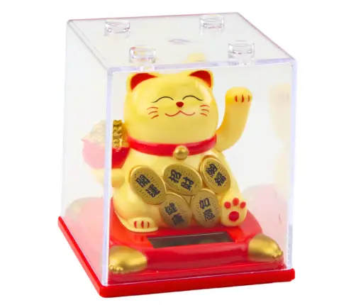 Chinese Lucky Cat In Display Case Solar Figurine Ornament Beige