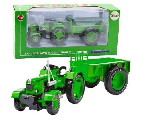 Metal Farm Tractor With Trailer Green 1:18