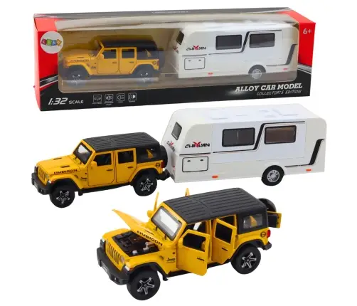 Set of Off-road Vehicles with Camper, Metal, Drive, Lights, Sounds, Yellow, 1:32
