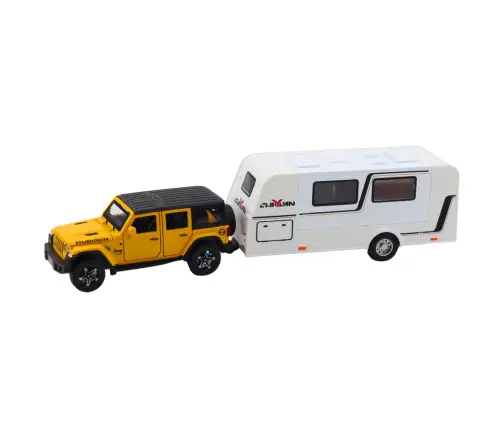 Set of Off-road Vehicles with Camper, Metal, Drive, Lights, Sounds, Yellow, 1:32