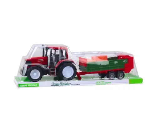 Agricultural Farm Tractor with Green Trailer and Hay Red