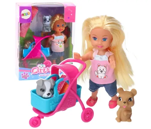 Mini Doll Stroller Carrier Dogs Set Gray Brown