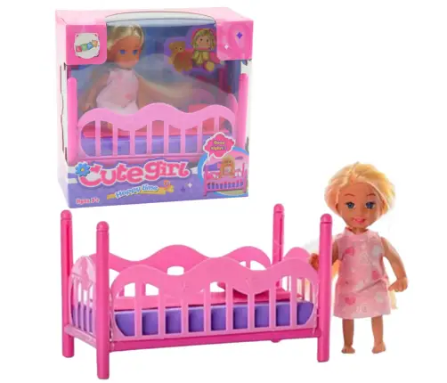 Mini Doll in Pajamas Set Pink Bed