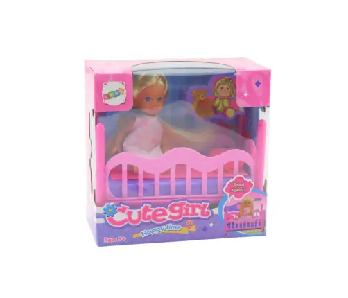 Mini Doll in Pajamas Set Pink Bed