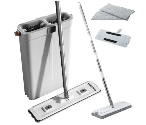 Cleaning Set: Double-Chamber Bucket, Microfiber Flat Mop