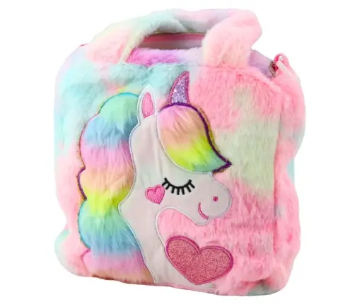Plush Children's Bag with Unicorn, Adjustable Shoulder, Pastel, 24x9cm