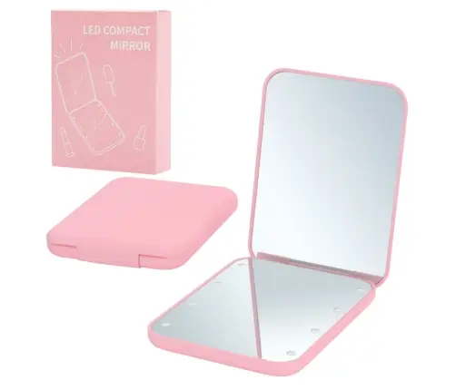 Pocket Makeup Mirror with LED Lights Pink