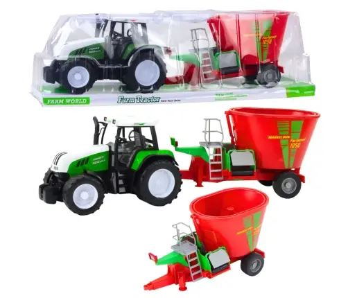 Green Agricultural Tractor with Trailer and Feed Mixer