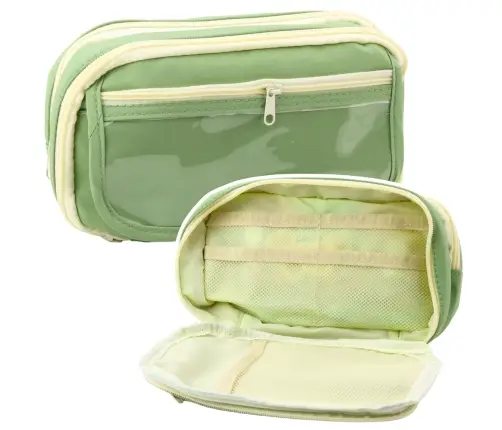 School Pencil Case Two-Compartment With Pockets Capacious Green 22cm