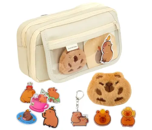 Two-compartment school pencil case with pockets and accessories Kapybara 21x12 cm